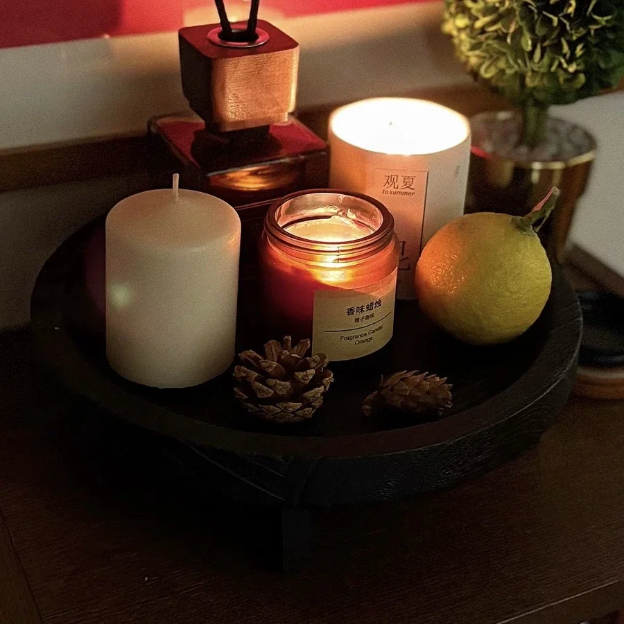 Retro Fruit Plate Home Living Room Coffee Table Teak Black Round Tray Solid Wood Wooden Candlestick Plate black Decorative Tray