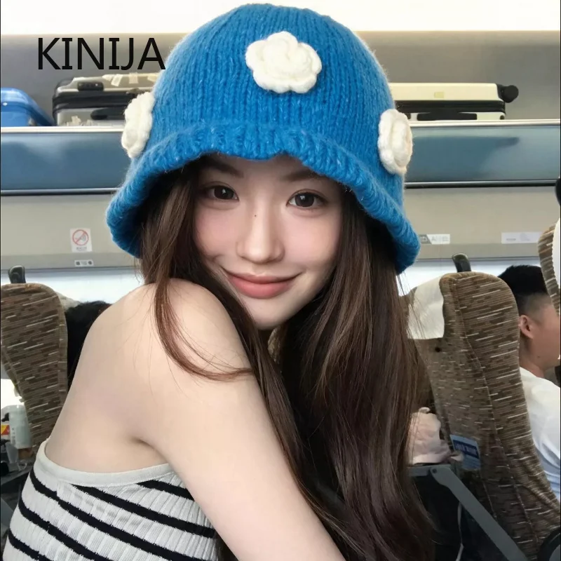 Korean Handmade Bucket Hat Women Weaving Knitted Hat Y2k Fashion Flowers Autumn Winter Beanies Basin Cap