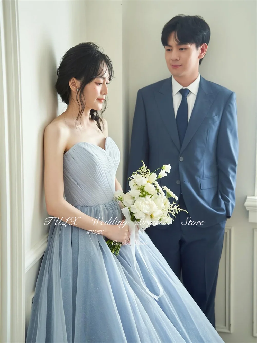 TULX fée robe de soirée en Tulle scintillant corée séance Photo de mariage bleu chérie plissée longue robe de soirée de mariée Corset personnalisé