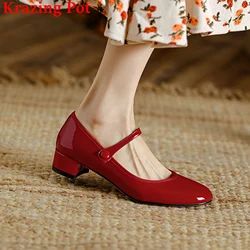 Krazing Pot Patent Leather Brand Mary Janes Shallow Round Toe Med Heels Spring Autumn Shoes Office Lady Solid Sweet Women Pumps