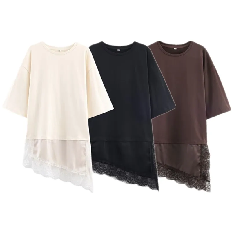 T-shirt da donna rotonda Ne ort Sve con giunture in pizzo orlo asimmetrico inverno nuovo arrivo casual vestibilità ampia da indossare ogni giorno