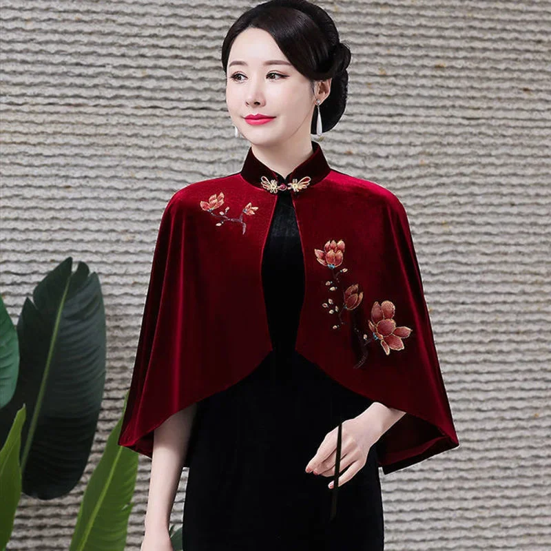 

Gold Velvet Shawl Black Cape Coat Women Vintage Embroidery Cloak Jacket Spring Clothing Wedding Cardigan Poncho Femme X1094