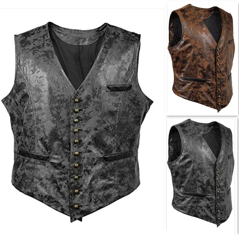 

Men's Steampunk Cosplay Costume Vest Jacket 2021 Brand New Rivet Button Faux Leather Cowboy Waist Coat Chalecos Para Hombre