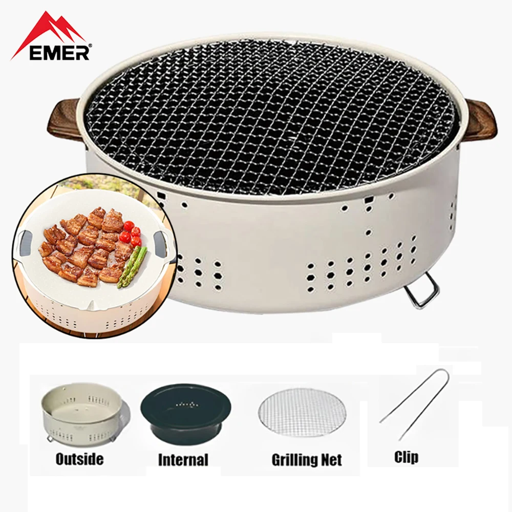 

EMER Outdoor Camping Barbecue Grill Charcoal Stove Multifunctional Heat-insulating BBQ Stove with Rack Grill Cast Iron Kettle