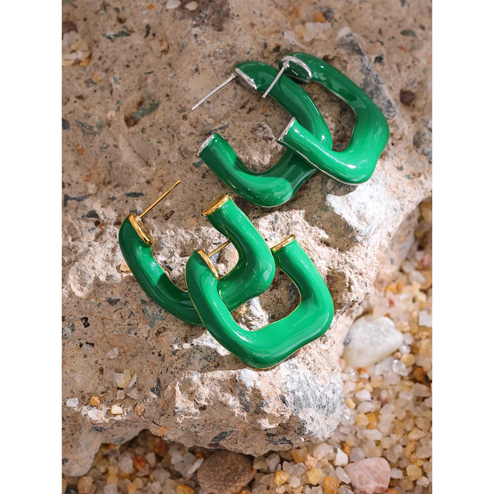 Yhpup Green Enamel Stainless Steel Square Geometric Huggie Earrings for Women Chic Stylish Jewelry Orecchini Da Donna Gift New image 3