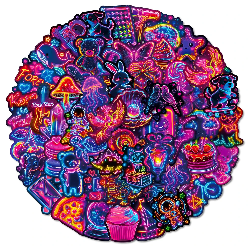 10/30/56pcs Cartoon Aesthetic Neon Light Stickers Cute Creative Decals Toy DIY Skateboard Phone Diary Cool Graffiti Sticker Pack