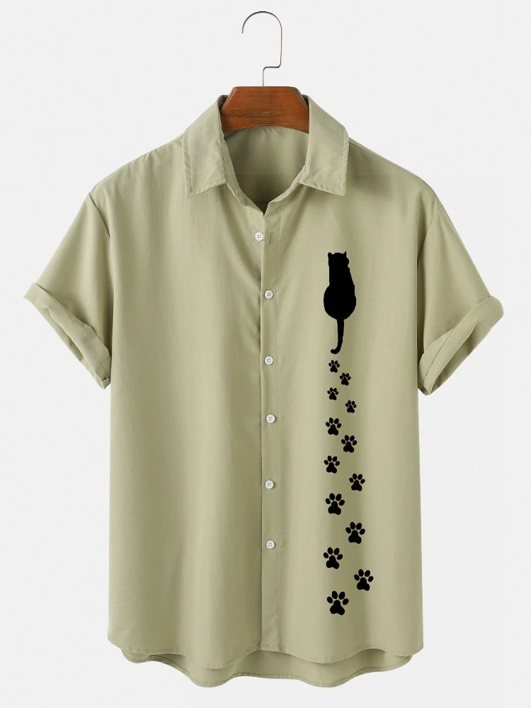 Camisa de manga corta con estampado de huellas de gato para hombre, Top Hawaiano con solapa, informal, talla grande, novedad de 2024