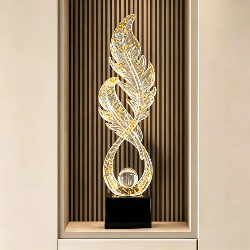 Feather Resin Statue with Crystal Ball Modern Home Decor Figurine Luxury Golden Art Sculpture for Living Room Entrance Ornament