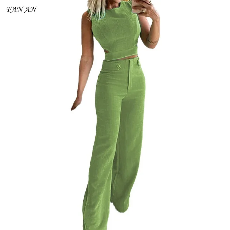 2024 Fall Women's New Fashion Casual Slim-fit Temperament Button-down Sleeveless Top Wide-leg Pant Suit Commuter Two-piece Suit