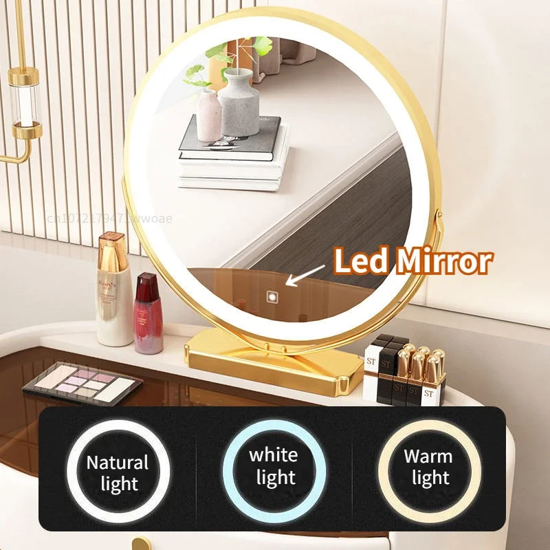 Tocador Natural con espejo para el hogar, mesa de maquillaje con espejo, tablero de densidad, LED