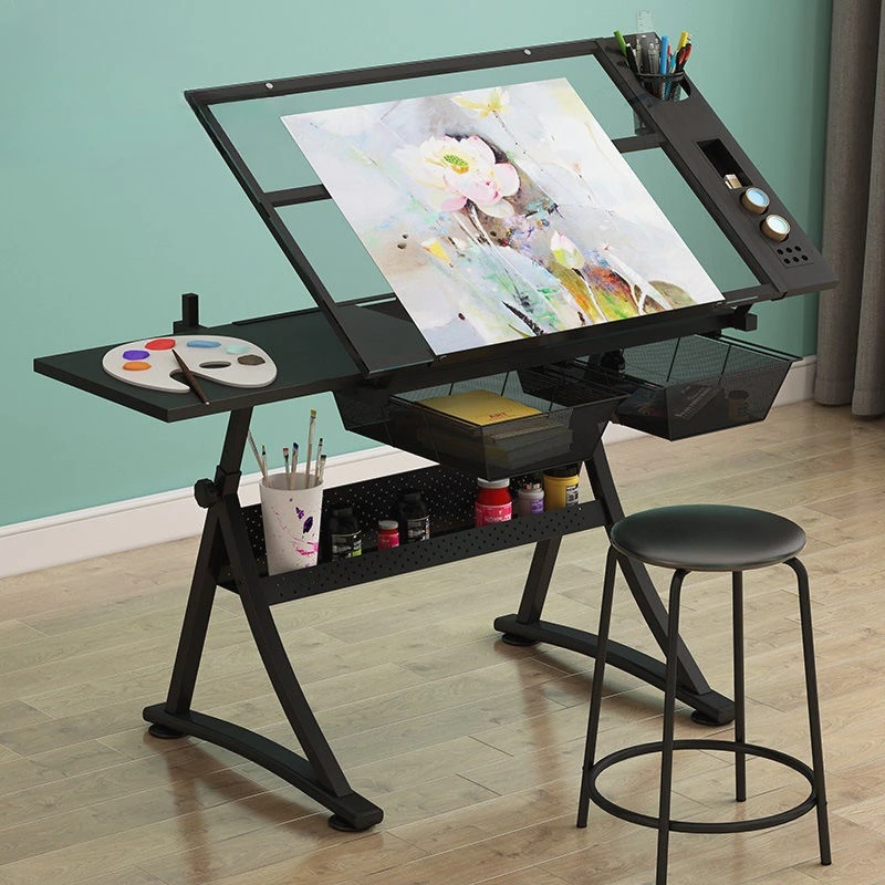 2 Drawers Acrylic Adjustable Tilting Drawing Table Wooden Drafting Drawing Table Architecture Drawing Table With Stool