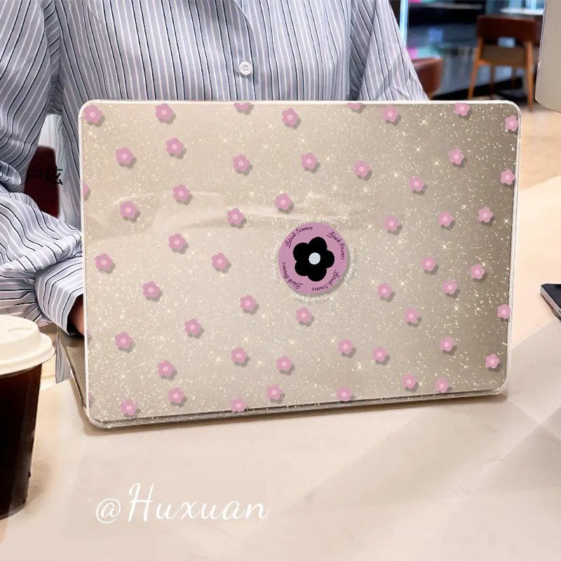 Ins Korean Pink Flowers Glitter Laptop Case For Macbook Air 13.6 M4 NEO 15 M3 Hard Cover For Mac Book Pro 13 M1 M2 14 M4 M5 16
