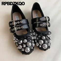 Elevator Girls Ballet Bow Flats Rock Rivet Knot Mary Jane Ballerina Metal Designer Shoes Women Luxury 2023 Stud Hidden Italian