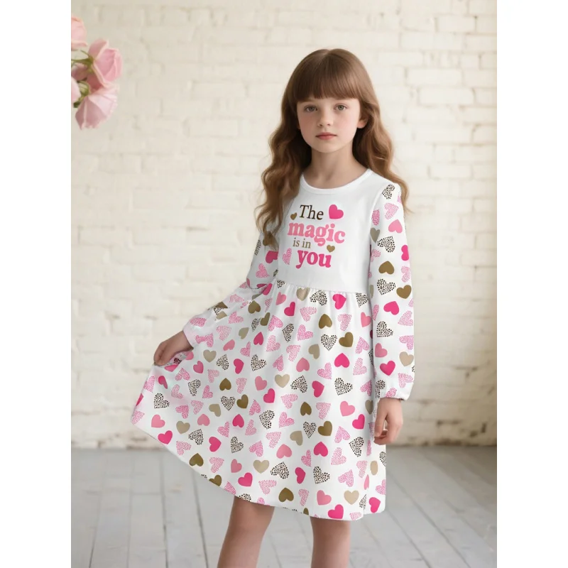 

Girls 2025 New Product, Long-sleeved Love Print Dress - "Magic in Your Heart" Sweet Casual Dress