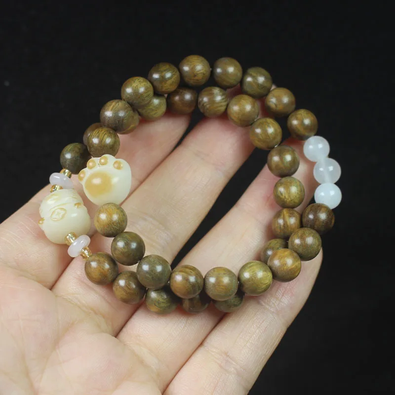 8mm Grünes Sandelholz Perlenarmband für Frauen Niedliches Katzendesign Buddhistische Gebetsperlen Schmuck Geschenke
