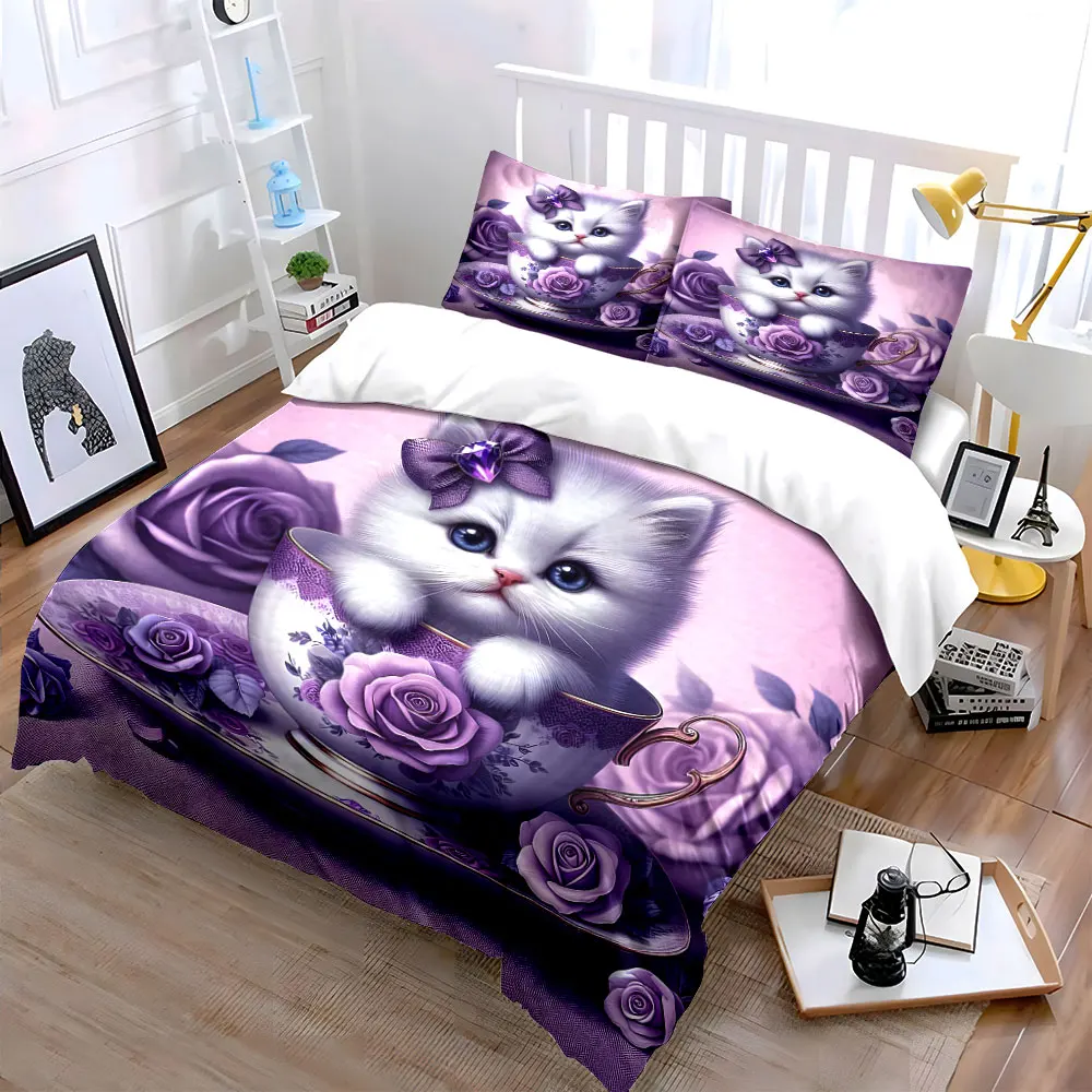 Kitten in Floral Teacup Bedding Set for Kids Luxury Gift 3pcs Digital Print Comforter Set Soft Comfortable Breathable