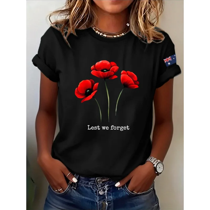Women's Anzac Day Commemorative Lest We Forget Print T-Shirts Summer Casual Short Sleeve Tops Tees