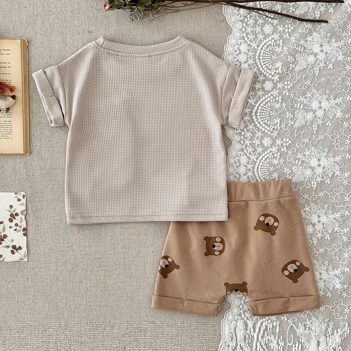 Cartoon Bear Kid Baby Boys Girls Clothes Sets Soft Short Sleeve Striped T-shirt Tops+ Shorts Summer Khaki Clothing