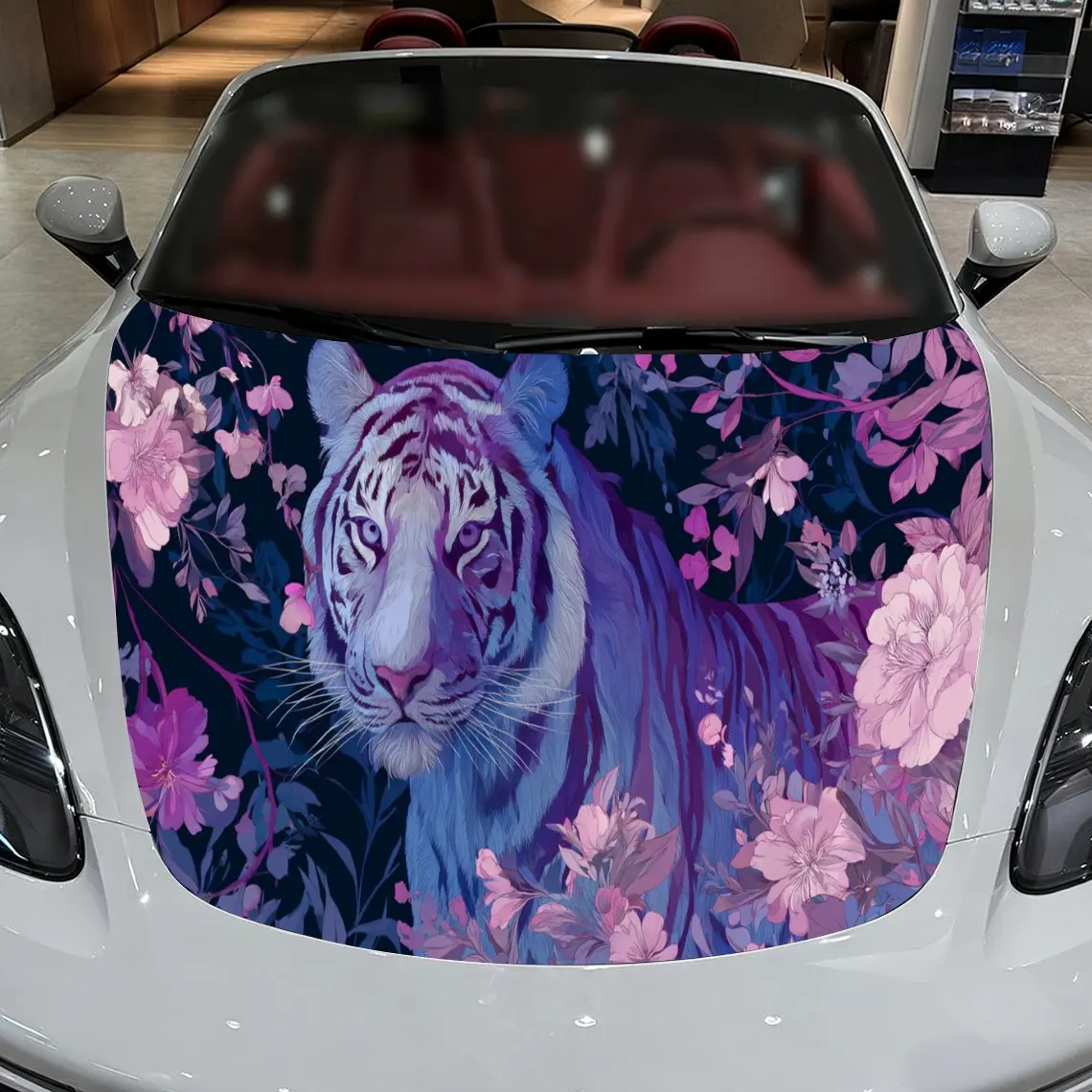 Car Decals A White Tiger Design with Floral Elements in a Dreamy, Color-Fused Textured Background with Artistic, Magical Visual