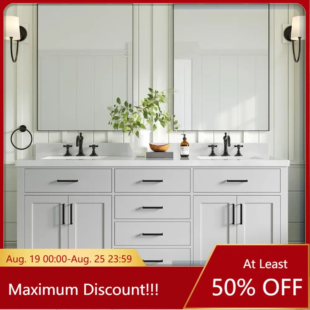 

Bathroom Vanity 73", 1.5" Edge Pure White Quartz Countertop & Splash,4 Soft Closing Doors, 6 Full Extension Dovetail Drawers