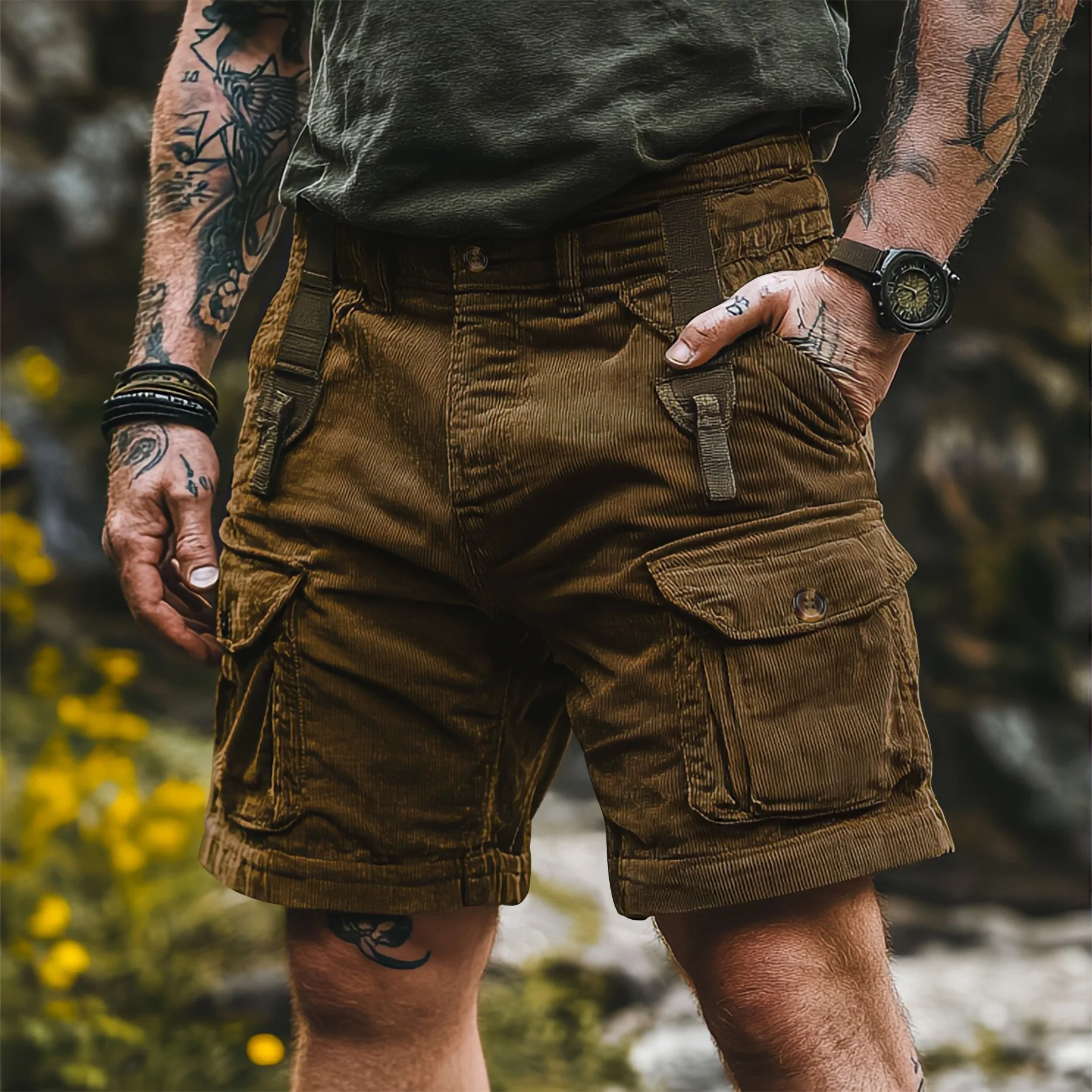 Retro Track Pant - Męskie szorty cargo z sztruksu w