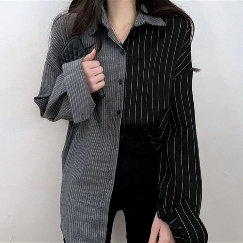 QWEEK Vintage Harajuku Striped Blouses Women Korean Autumn Oversized Patchwork Shirt Long Sleeve Fall Tops Ladies Street Fashion