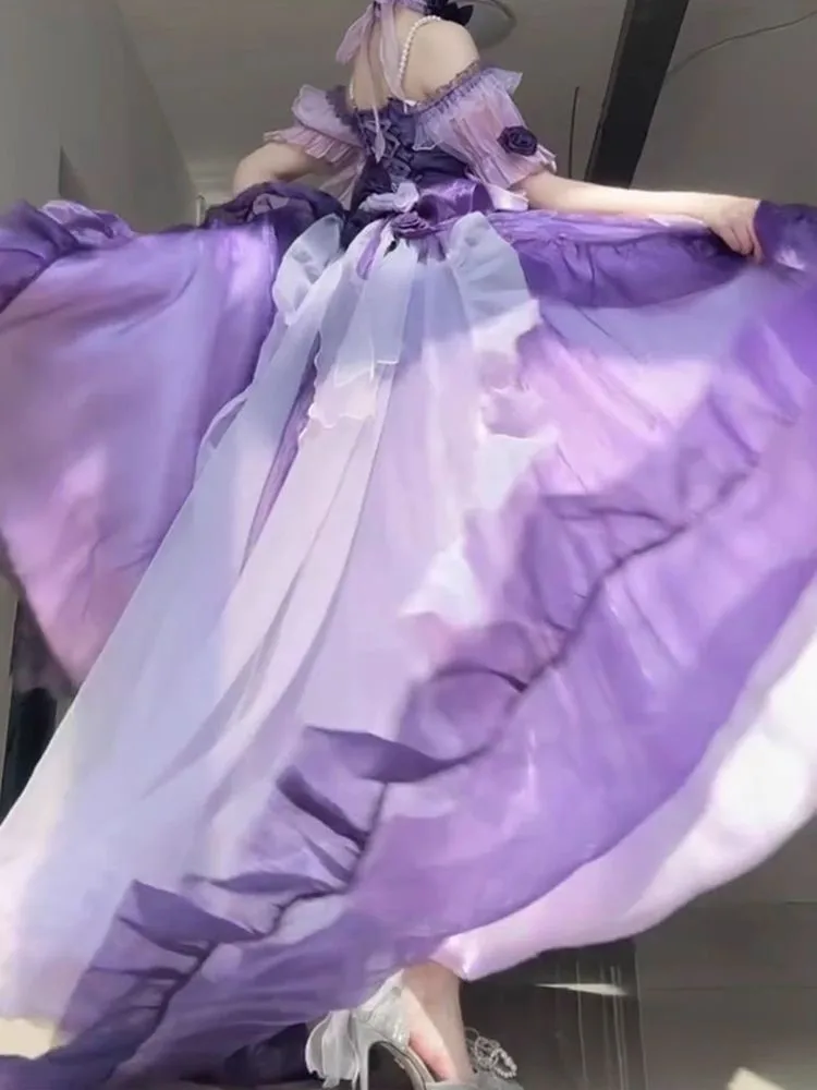 A new gradient purple wedding dress with shorter front and longer back