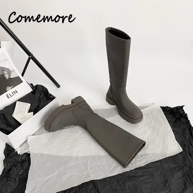 Comemore Autumn Winter Knee High Boot Fashion Shoes Female Footwear Leather Knee-High Motorcycle Booties Luxury Women Long Boots