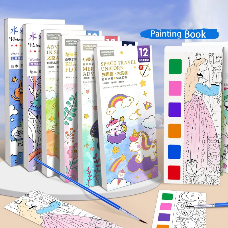 

Portable Watercolor Painting Book 12 Sheets Coloring Book With Paint Brush Gouache Book Kids Graffiti Picture Drawing Stationery