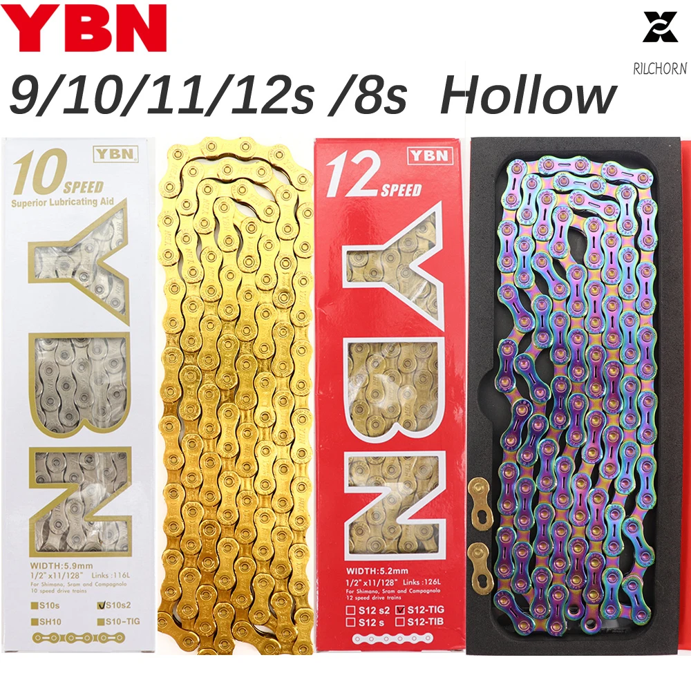 

YBN Bike Chain 10 11 12 Speed SLA Silver Hollow Gold Oil Slick Titanium Coating 8 9 Speed MTB Road Bike Chain for Shimano/ SRAM