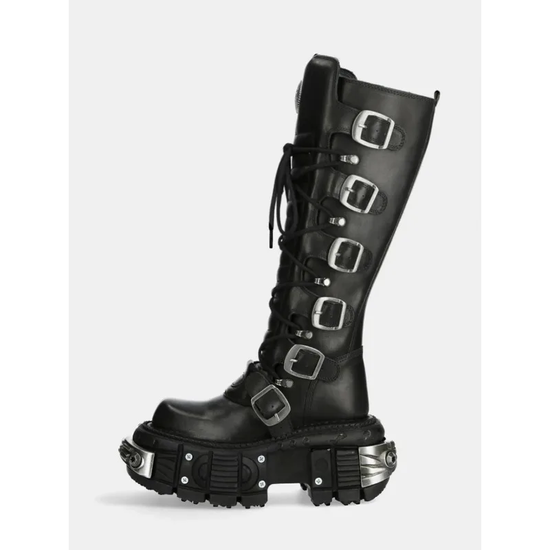 

Сапоги до колена с металлической пряжкой и квадратным носком, женские черные высокие сапоги из искусственной кожи в стиле панк, женские осенние мотоциклетные ботильоны на массивном каблуке