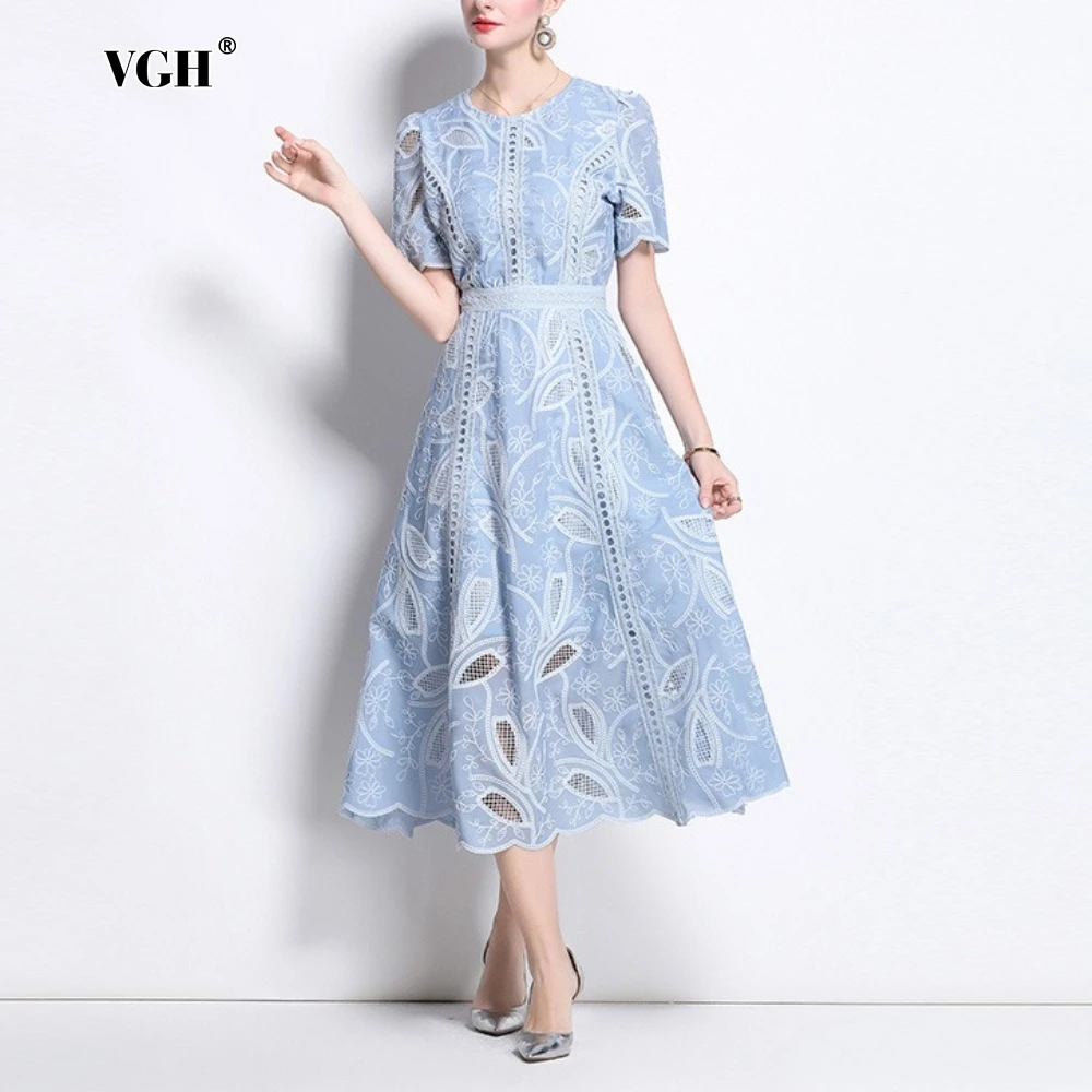 

VGH Solid Elegant Hollow A Line Midi Dress for Women O Neck Short Sleeve Patchwork Embroidery Temperament Dresses Female Summer