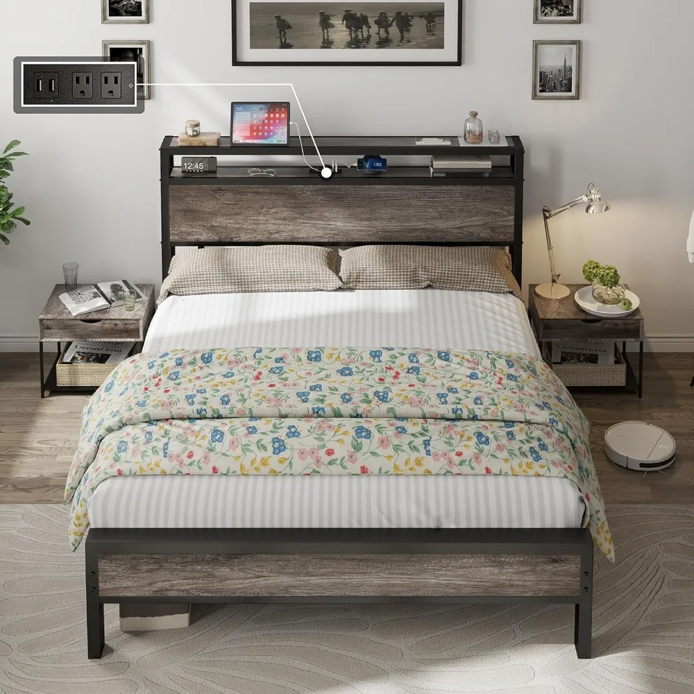 Queen Size Bed Frame with Charging Station, Double-Layer Storage Headboard  No Spring Required  Light Gray, Queen Size Bed Frame