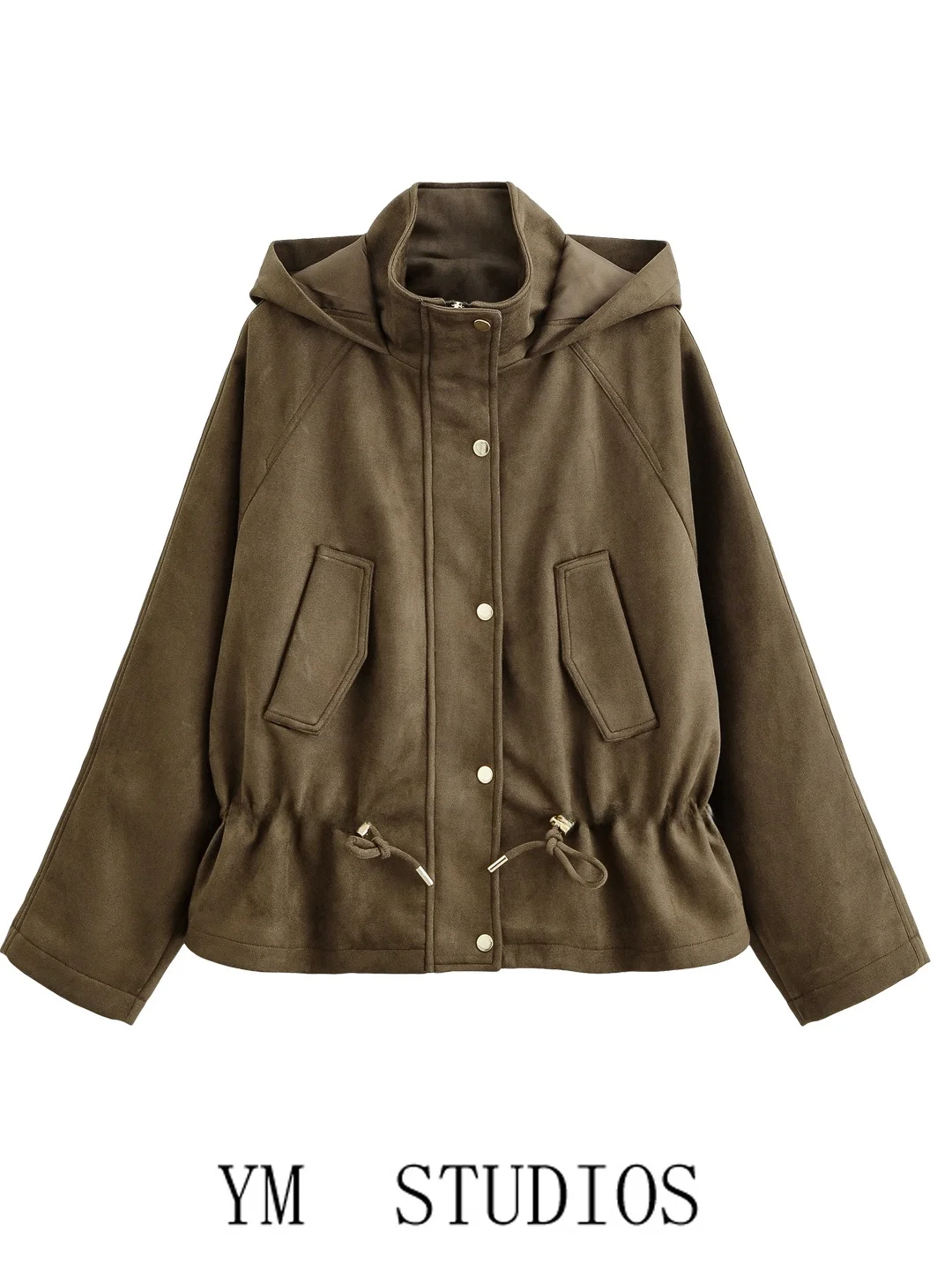 

Ретро-куртка в рабочем стиле для женщин: укороченная замшевая куртка с капюшоном и утяжкой на талии, повседневная верхняя одежда для дам