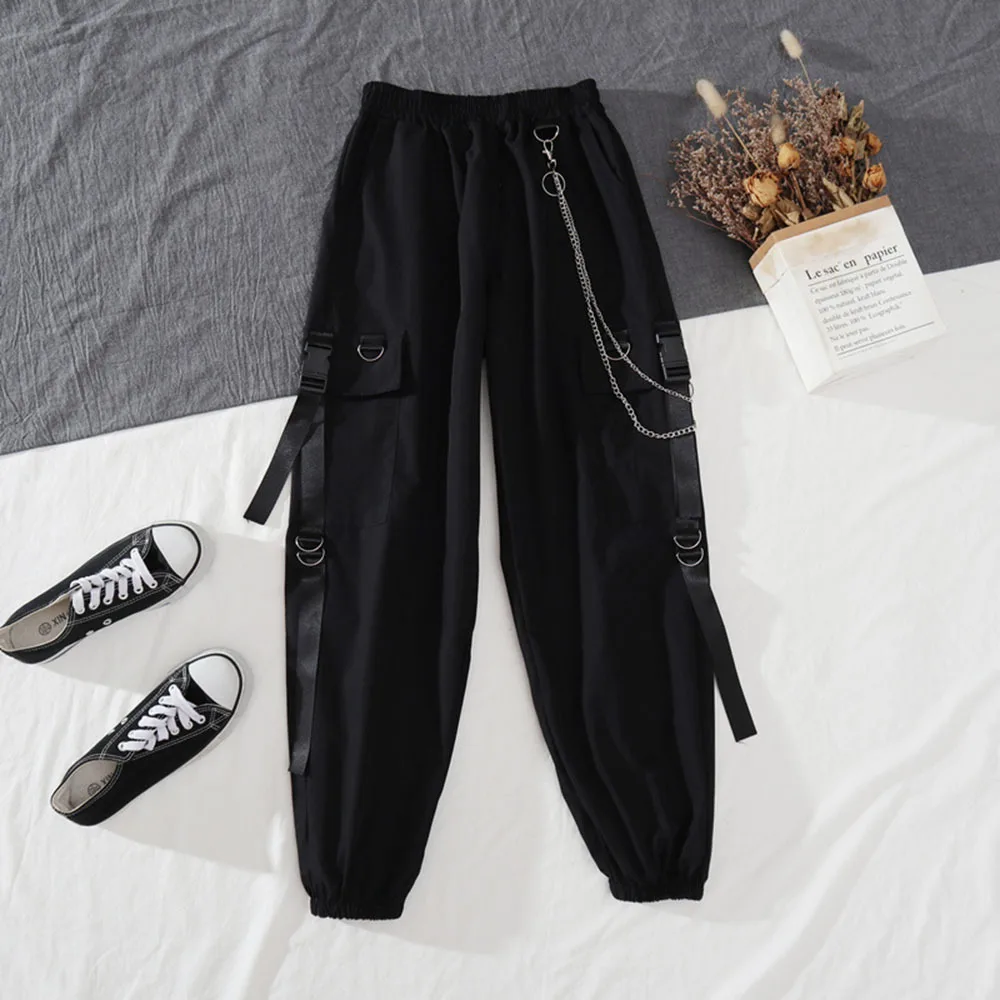 Spring Autumn Women Harajuku Cargo Pants Handsome Cool Two-piece Suit Chain Long Sleeve+ Elastic Waist Ribbon Pants