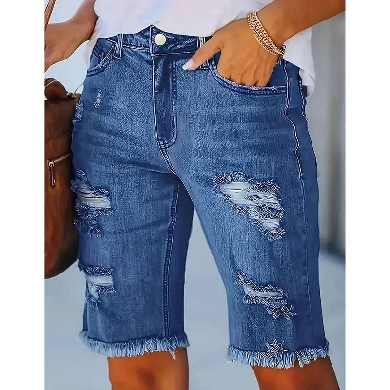 여성용 스키니 얇은 찢어진 반바지 여성 시크 패션 하이웨이스트 반바지 여성 캐주얼 스트레이트 레그 데님 반바지
