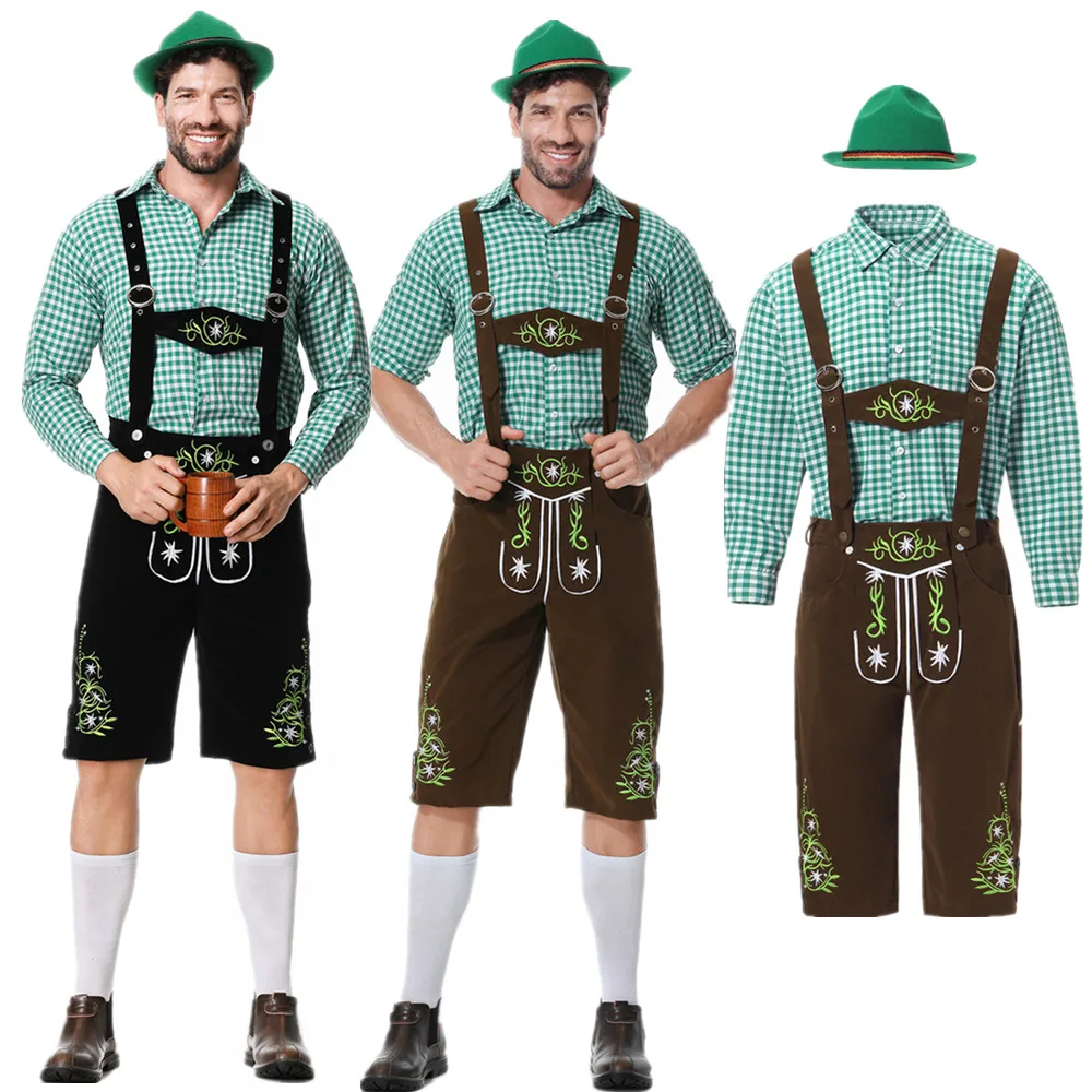 Deutsch grün kariert oktoberfest Lederhosen Kostüm Langarmhemd Hosenträger Hut Set Bier Festival männlich Halloween Cosplay