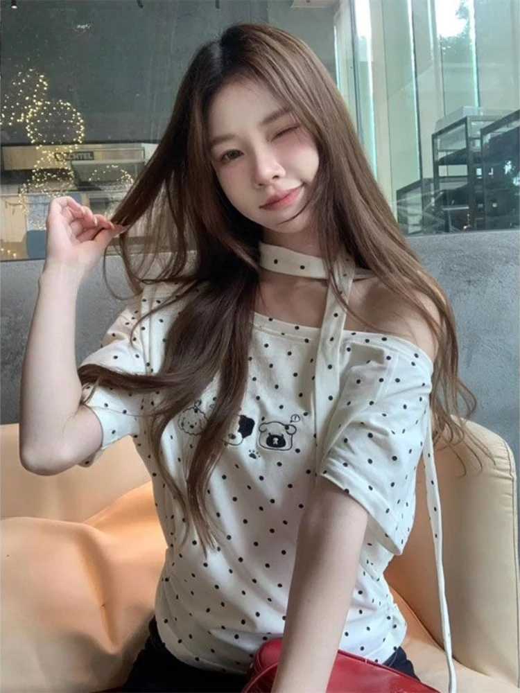

Y2k Harajuku Vintage T Shirts Polka Dotcartoon Print Skew Collar Lace-up Tees Summer Spicy Girl Tops All Match Women's Clothing