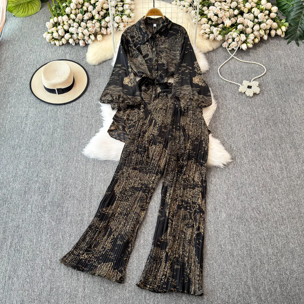 Women's Loose Lantern Sleeve Print Shirt Casual High Waist Pleated Cropped Wide-leg Pants Two-piece Set Fashion Autumn 2024 New