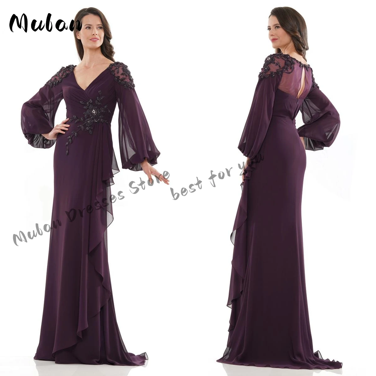 V-neck Chiffon Puff Long Sleeves Mother Of The Bride Dresses With Beaded Appliques Floor-length Elegant Prom Dresses Party Gowns