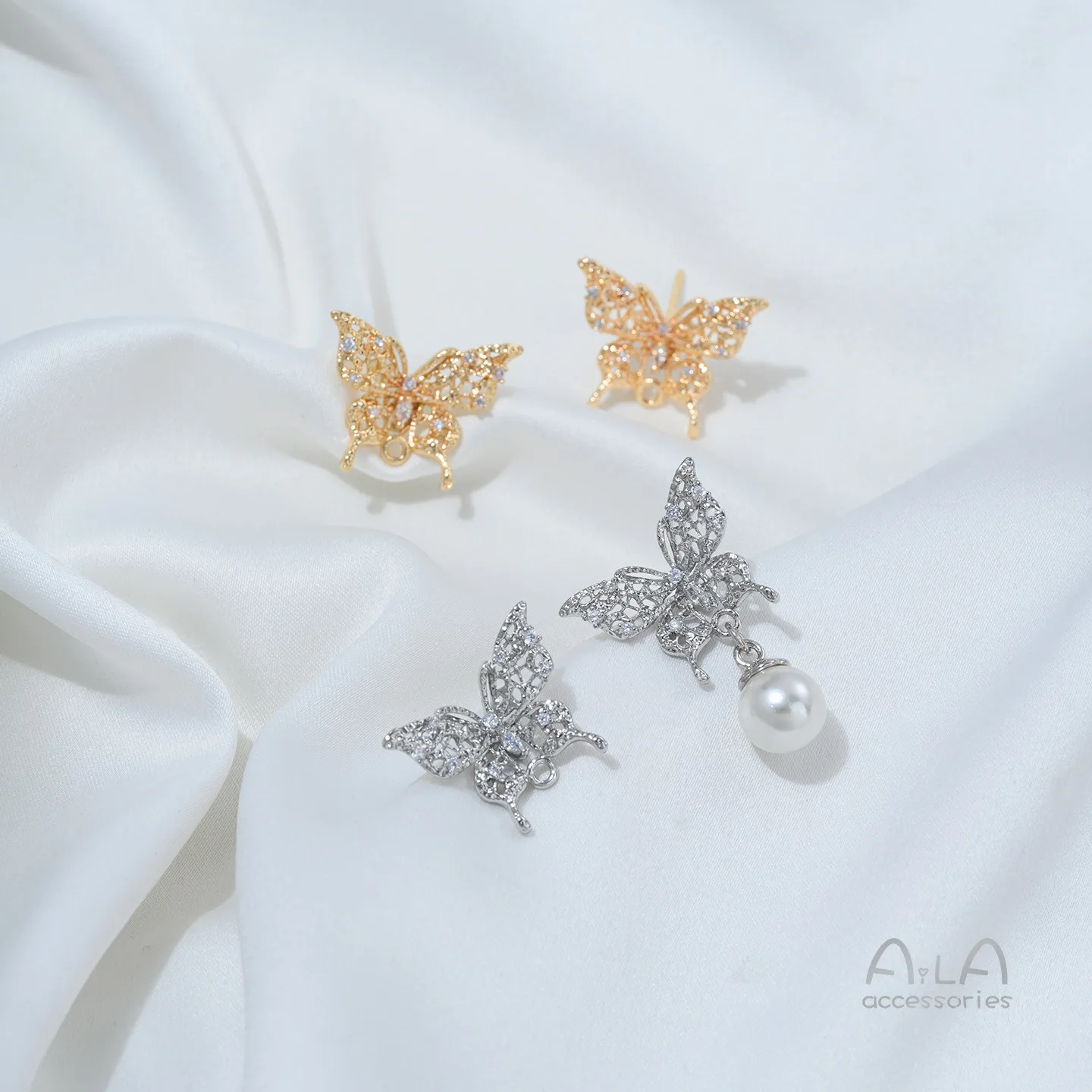 Copper Plated 14K Gold Zircon Hollow Butterfly Stud Earrings with Rings Handmade DIY Light Luxury Niche Ear Jewelry Accessories
