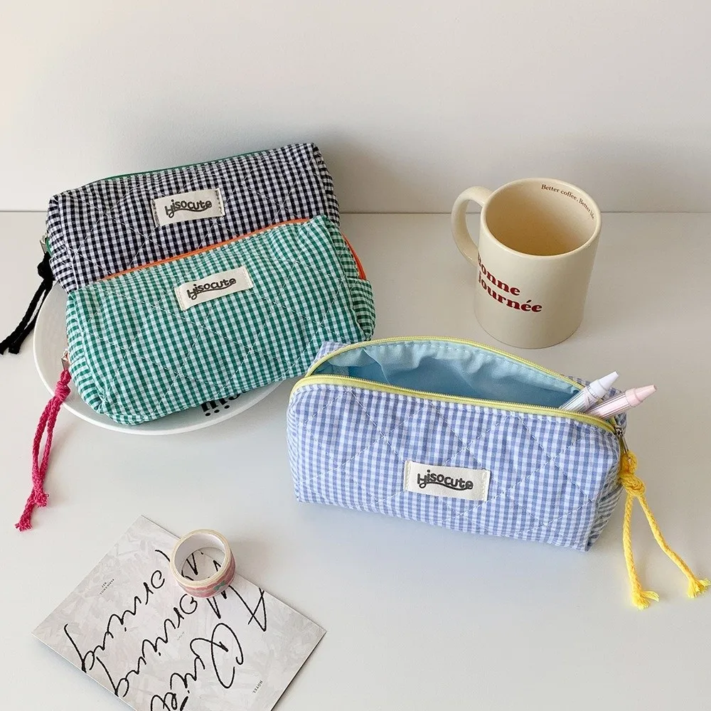 1PC Color Checkered Pencil Case Girls' Stationery Cosmetics Storage Bag Large Capacity Miscellaneous Storage Bag Makeup Bag
