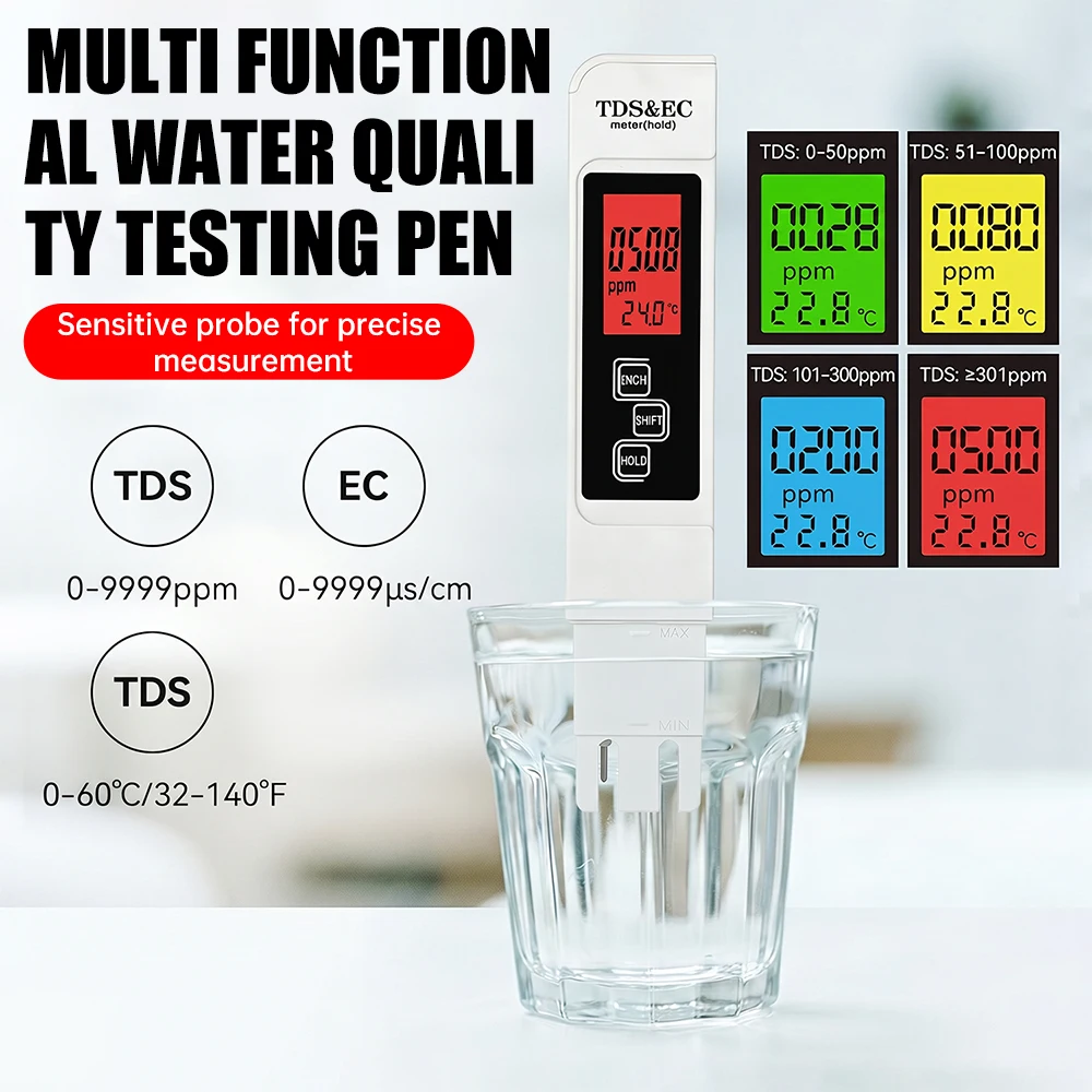 3-in-1 Portable Water Quality Tester LCD Digital Display EC TDS Temperature Pen 4 Color Indicator 0-60℃ / 32-140℉