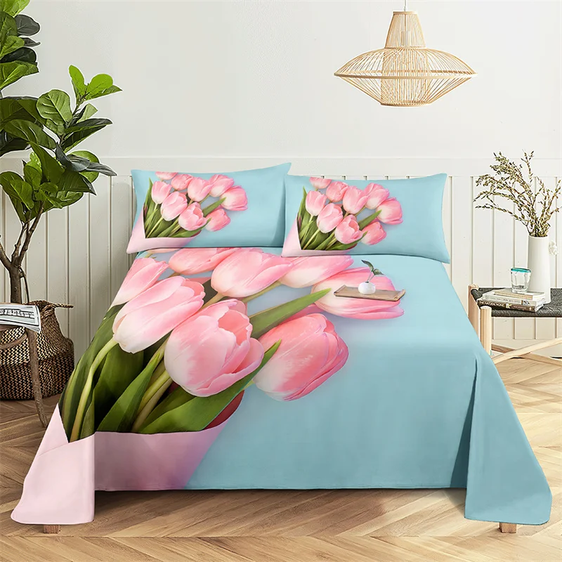 

Luxury Tulips Queen Size Sheet Set Kid's Room Flower Bedding Set Bed Sheets and Pillowcases Bedding Flat Sheet Bed Sheet Set