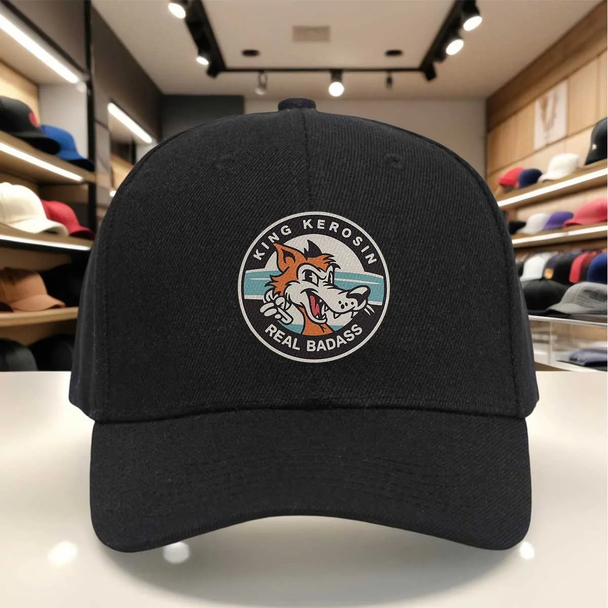 KING KEROSIN REAL BADASS Wolf Graphic Baseball Cap - Vintage Style Hat for Casual Wear, Adjustable Strap, Retro Design Cap