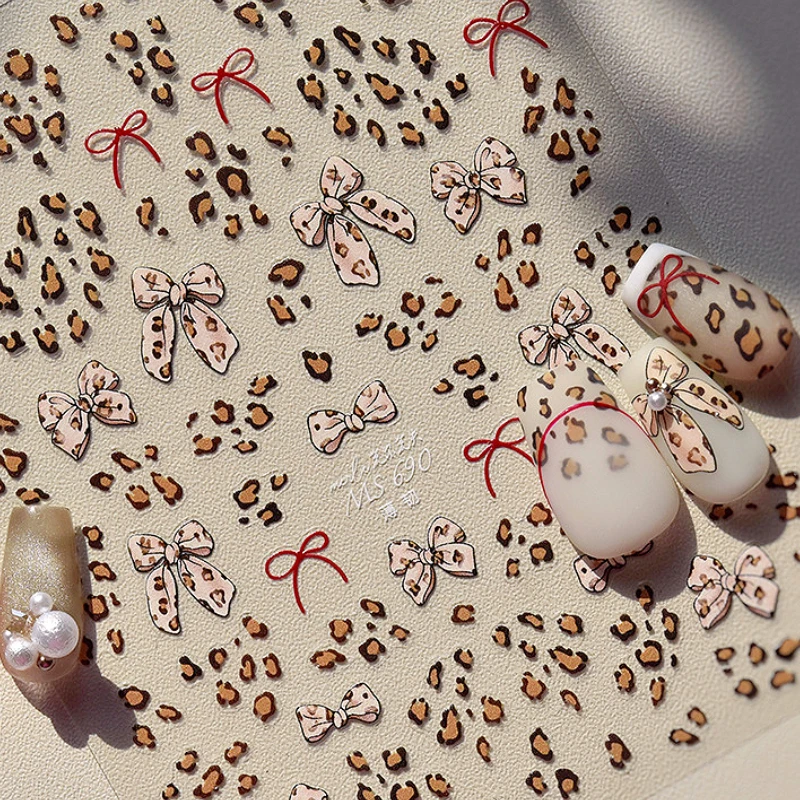 

French Leopard Print Bowknot Lace Ribbon Rhinestone Pearl Bow Tie Simple White Black Nail Art Stickers Decoration Manicure Decal