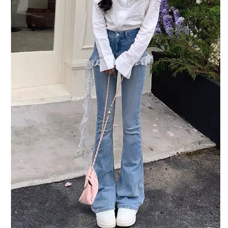

Women Korean Slim Design Lace Patchwork Harajuku Y2K Denim Flare Pants 2000s Kpop Long Trousers