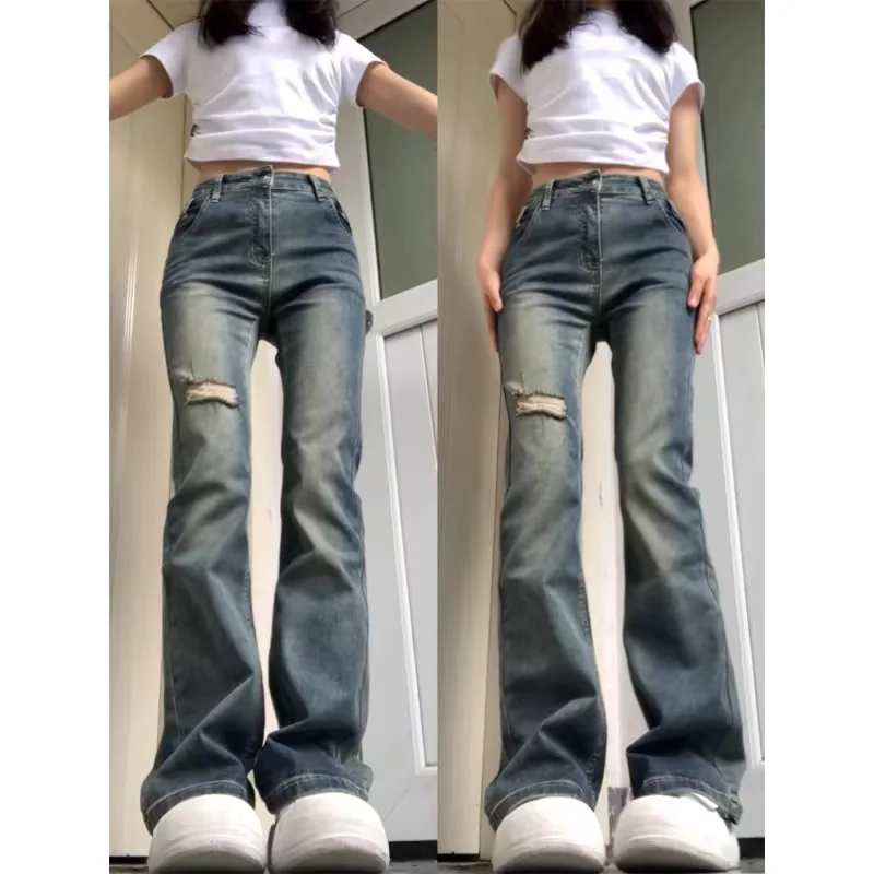 

Retro micro flared distressed jeans for women's spring and summer new spicy girl elastic high waisted slim straight leg pants