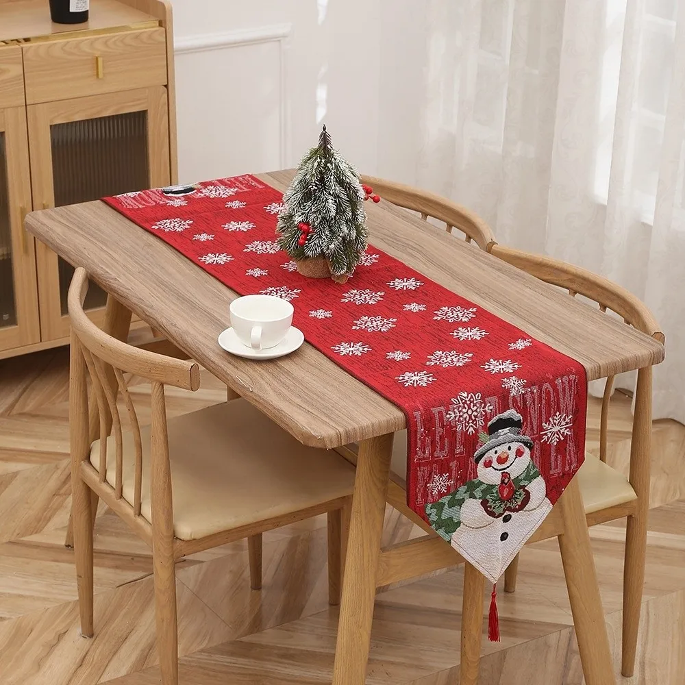 Flower Contrast Color Christmas Table Runner Tree Red Xmas Desktop Decoration 180x33CM Smooth Linen Table Cover Christmas Eve