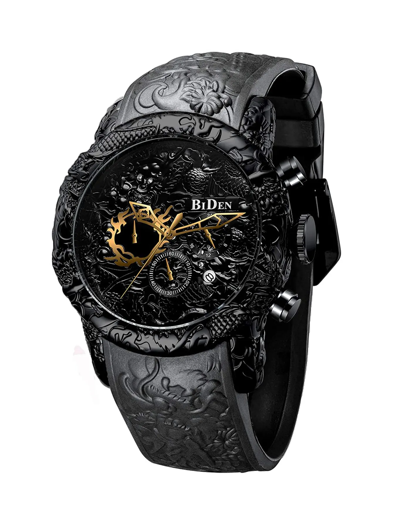 BIDEN2024 Men\'s Watch Luxury Multi functional Six Needle 3D Carving Dragon Waterproof Sports Leisure Quartz High quality Clock